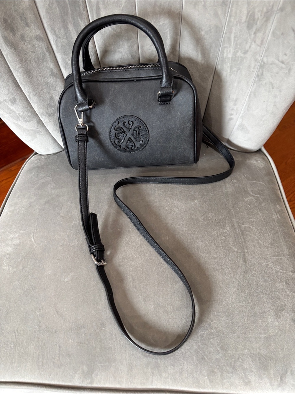 Structured Black Pleather Crossbody Dome Bag with Logo Detail